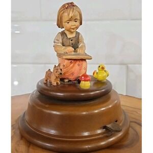 VINTAGE REUGE ROTATING WOOD CARVED MUSIC BOX HAS Girl, Dog,mushroom And Bird 5×5